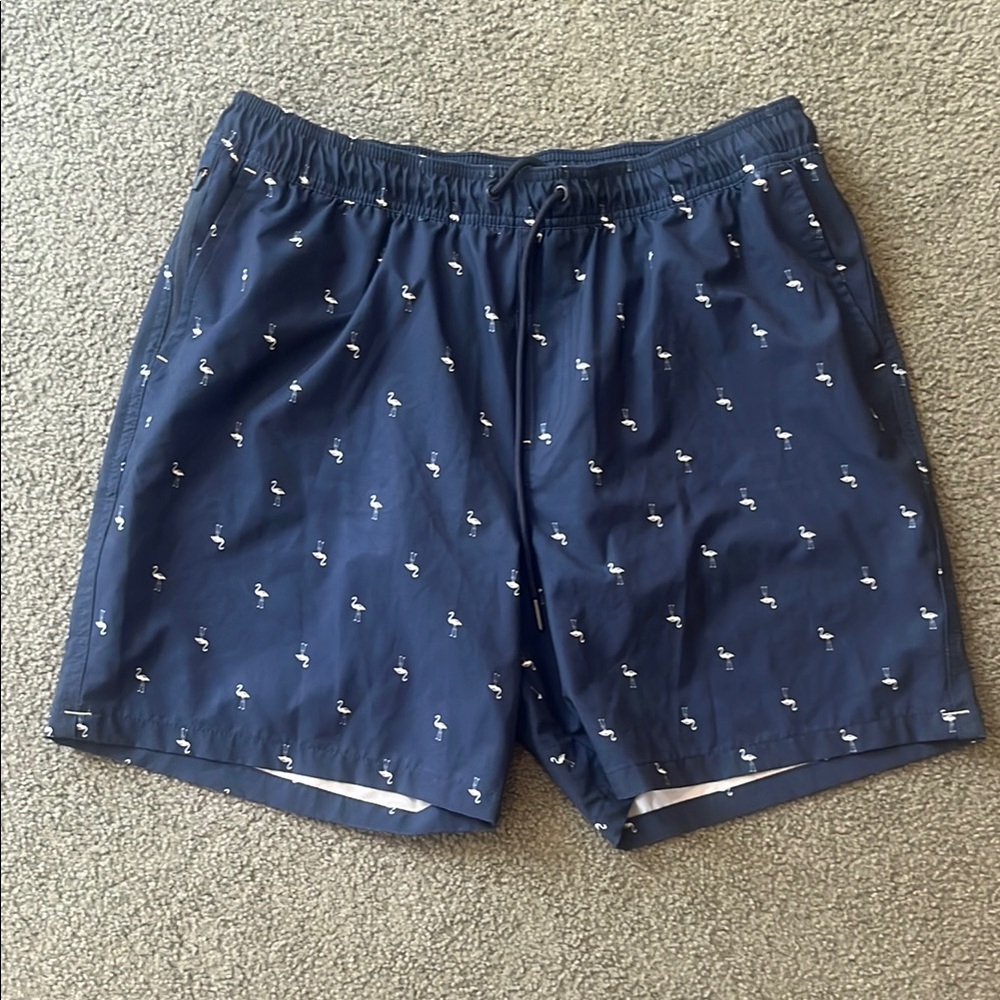 Navy Blue Swim Shorts with Flamingo Print